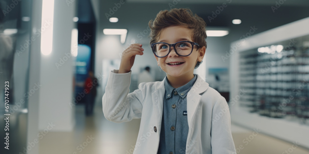 Poster a picture of a young boy wearing a lab coat and glasses. this image can be used to illustrate concep