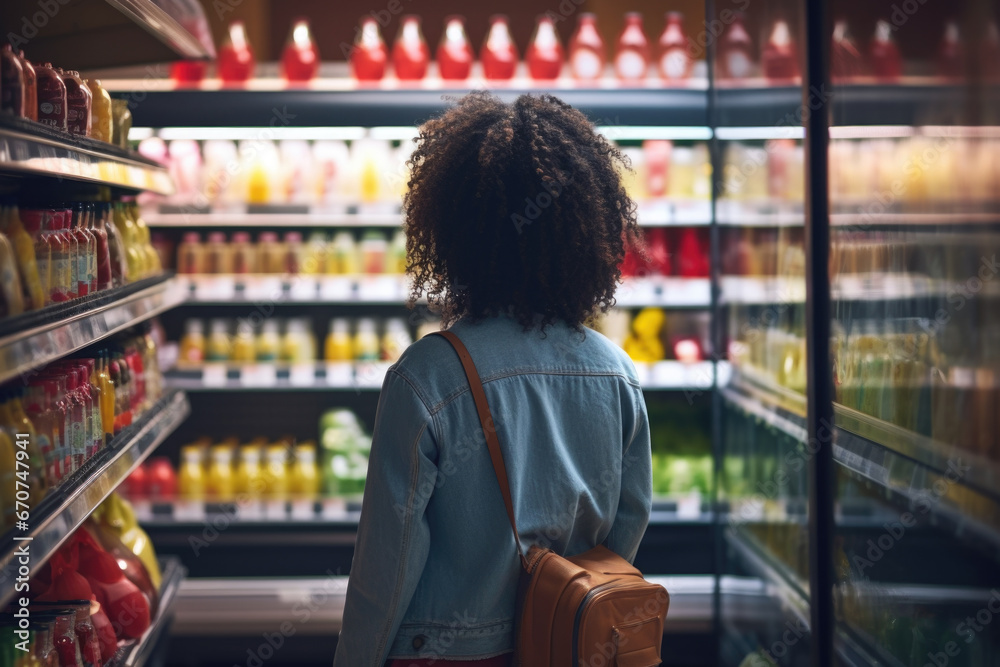 Aufkleber a woman standing in front of a refrigerator in a grocery store. this image can be used to depict gro