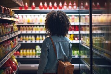 A woman standing in front of a refrigerator in a grocery store. This image can be used to depict grocery shopping, healthy food choices, or a person making a decision about what to buy.