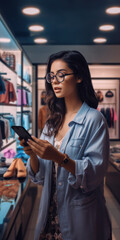 A woman is seen looking at a cell phone in a store. This image can be used to depict technology, shopping, or consumer behavior.