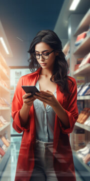 A woman standing in a store, focused on her cell phone. This image can be used to depict modern technology and communication in everyday life.