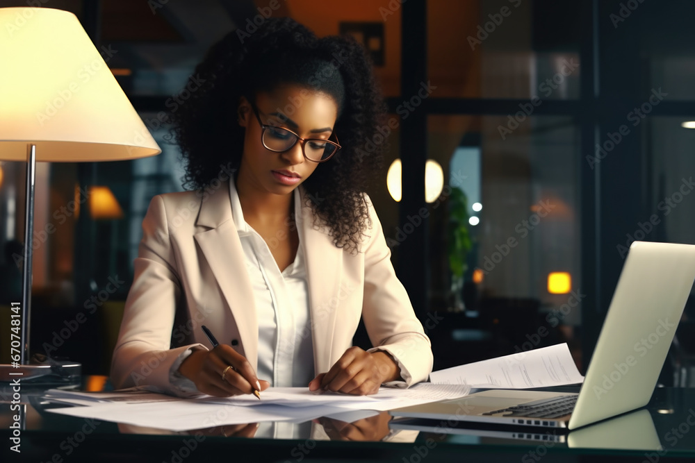 Aufkleber a woman sitting at a desk with a laptop and papers. this image can be used to represent working from