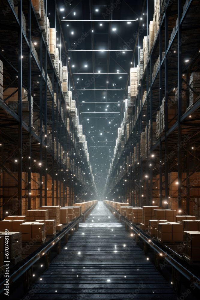Poster a large warehouse filled with numerous boxes. perfect for illustrating storage, logistics, or invent