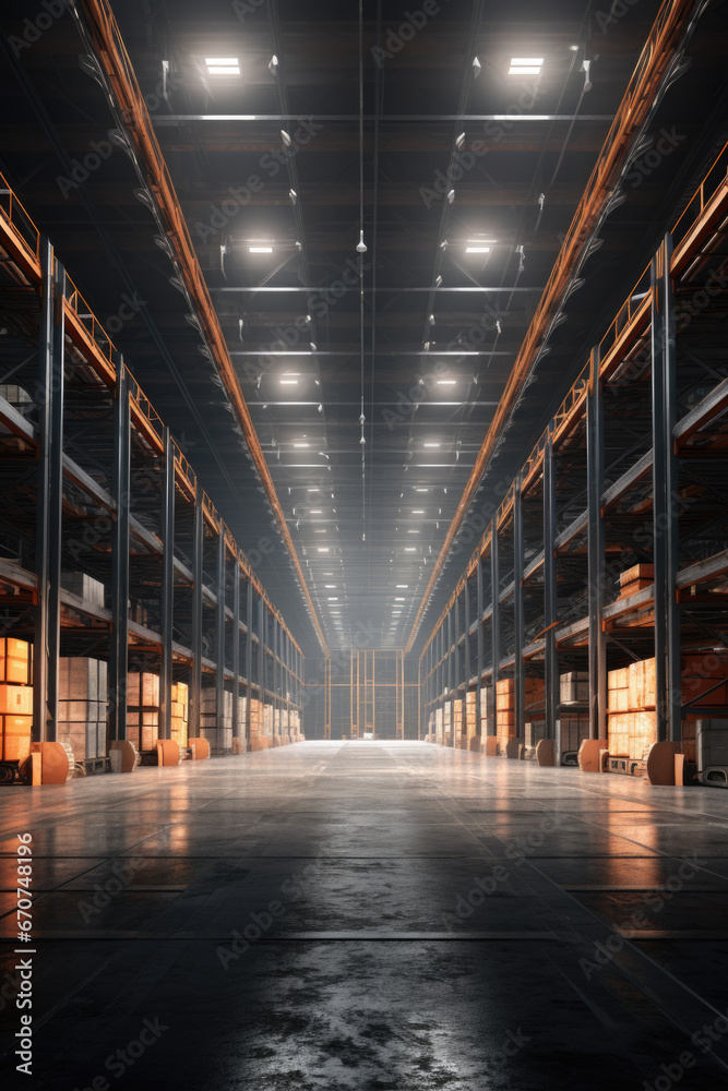 Poster a large warehouse filled with lots of wooden pallets. this image can be used to represent storage, l