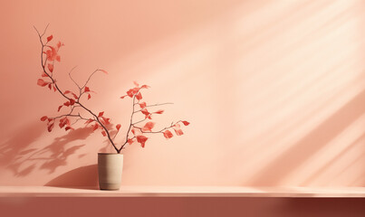 A pink vase with red leaves on a shelf, in the style of minimalist backgrounds, for beauty decoration, podium background, texture bege and pink