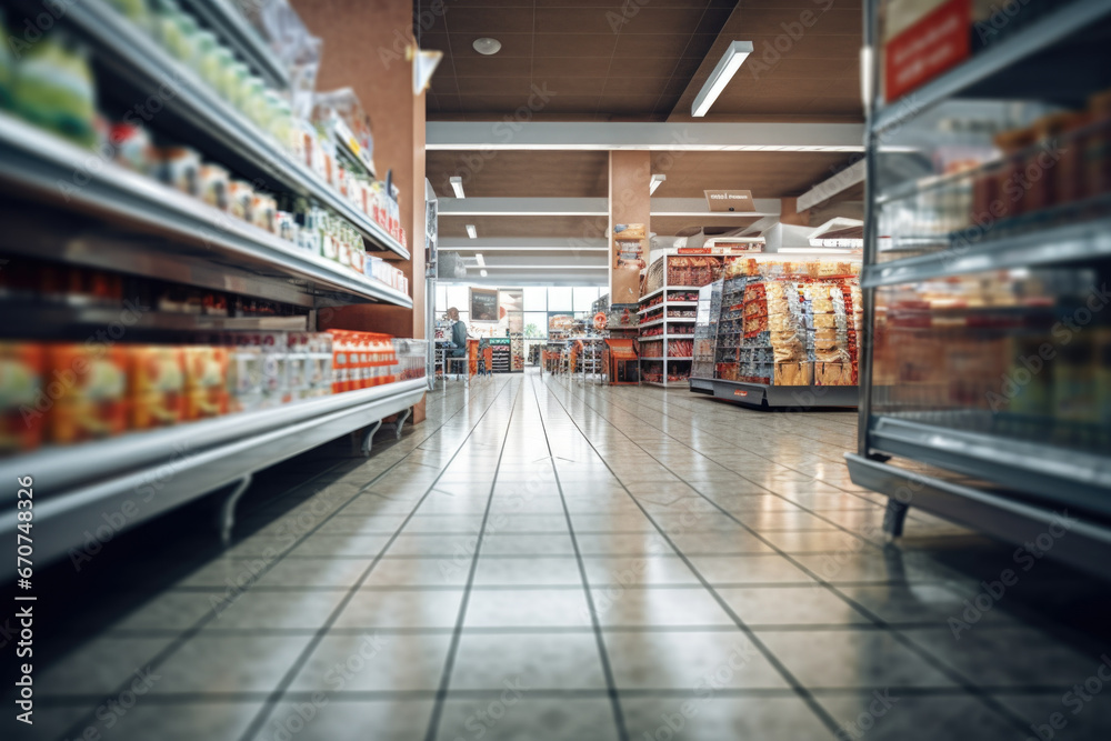 Poster a crowded grocery store aisle showcasing a wide variety of food options. perfect for illustrating th