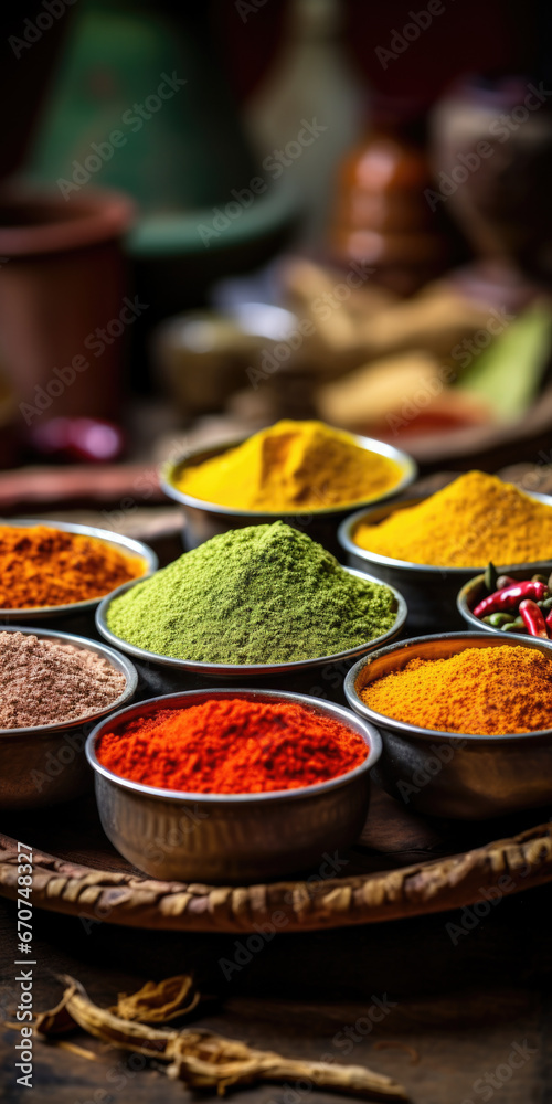 Poster a collection of various spices displayed in bowls on a table. this image can be used to enhance food