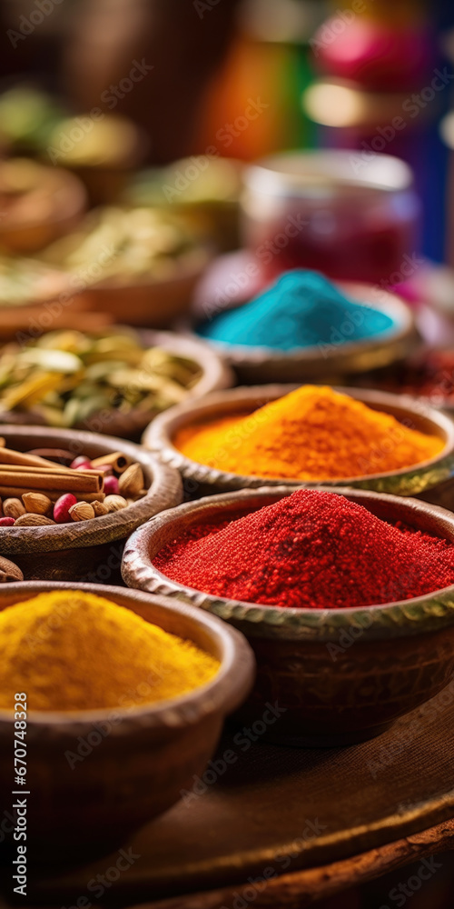 Poster A table featuring a variety of bowls filled with different types of spices. This image can be used to showcase the vibrant colors and aromatic nature of spices in culinary or food-related projects