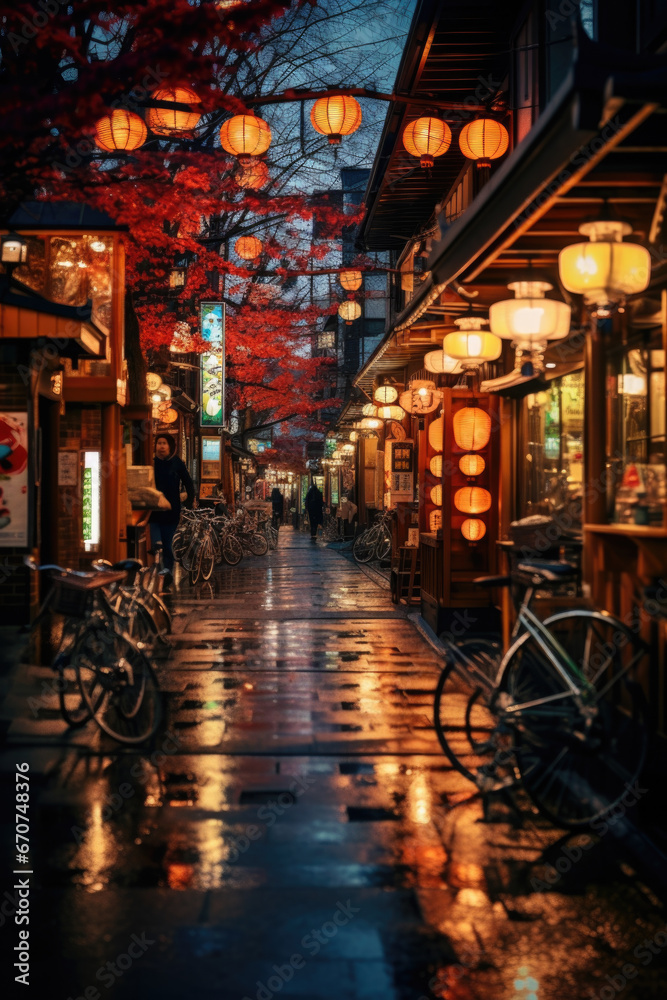 Poster A picturesque street adorned with numerous hanging lanterns, creating a magical ambiance. Perfect for adding a touch of charm and warmth to any project or design