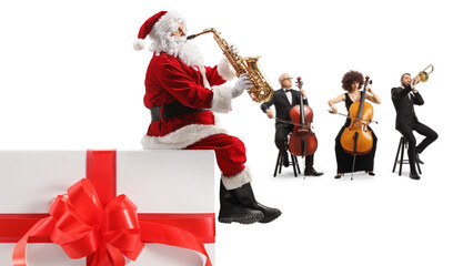 Santa claus sitting on a present and playing a saxophone with a music band on cello and trombone