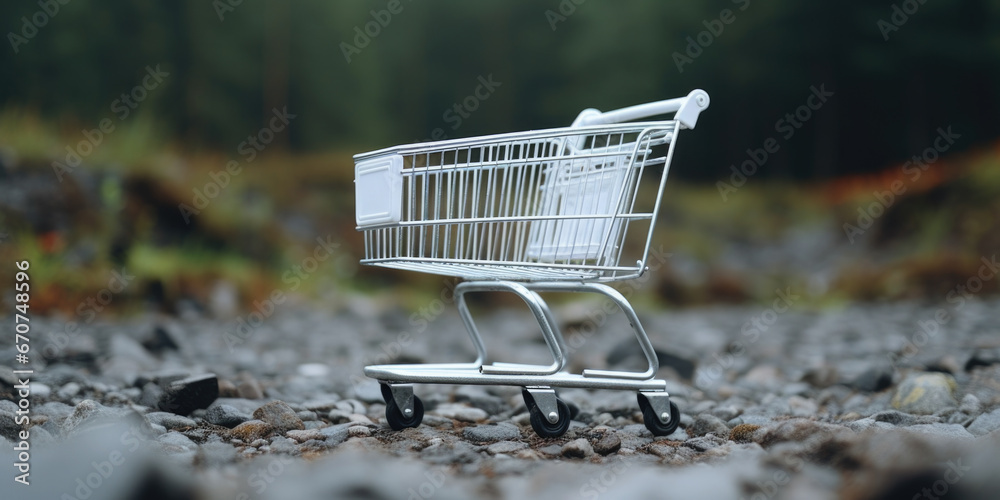 Poster a shopping cart is seen sitting on top of a pile of rocks. this image can be used to depict concepts