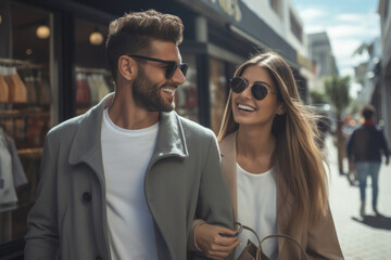 A picture of a man and a woman walking together on a street. This image can be used to represent a couple or friends taking a stroll in an urban setting - obrazy, fototapety, plakaty