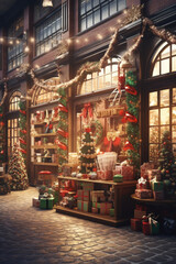 A store front adorned with festive Christmas decorations and twinkling lights. Perfect for holiday marketing campaigns and promoting seasonal sales