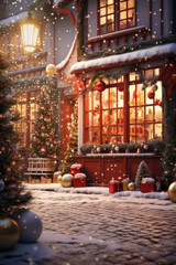 A cozy Christmas scene featuring a house adorned with festive decorations and a beautifully lit Christmas tree. Perfect for holiday-themed designs and greeting cards