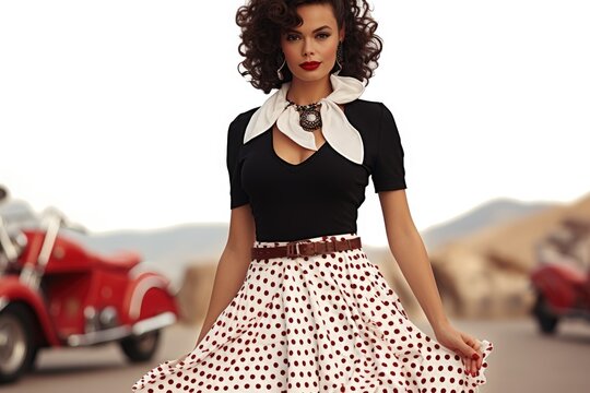 People fashion clothing 1950, 1960 in the style of iconic rock and roll imagery, Times of driving music, trendy hairstyles, stylish clothes, daring deeds, leather jackets and colorful dresses .