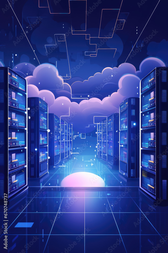 Poster A picture of a server room filled with numerous servers. This image can be used to illustrate technology, data storage, networking, or IT infrastructure concepts