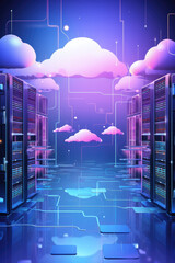 A picture showcasing a server room filled with numerous servers and clouds. This image can be used to illustrate technology, data storage, cloud computing, or internet infrastructure. - obrazy, fototapety, plakaty