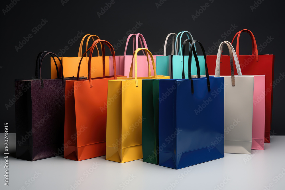 Sticker A row of colorful shopping bags neatly arranged on a table. Perfect for showcasing retail or shopping concepts