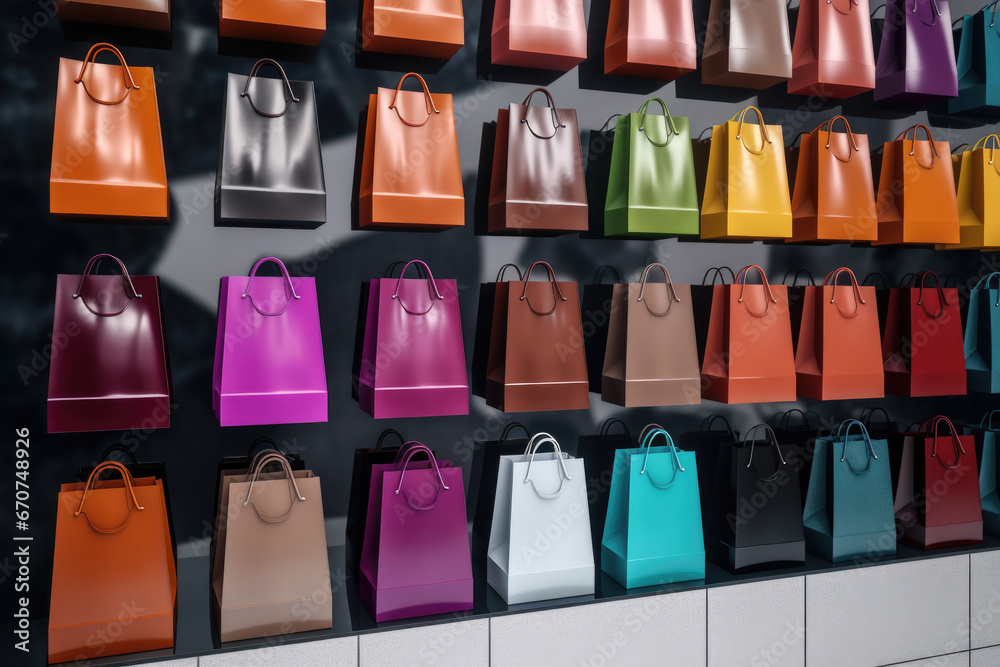 Poster A wall adorned with an array of vibrant colored bags. This versatile image can be used to showcase fashion trends, retail displays, or stylish storage solutions