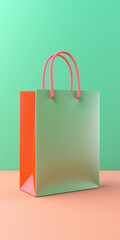 A green and orange shopping bag placed on a table. Perfect for showcasing retail, shopping, and consumerism concepts.