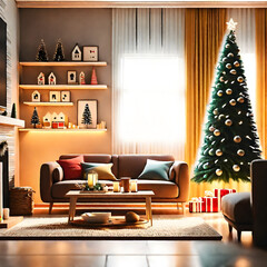 A living room background with a warm and comfortable Christmas and winter feel
