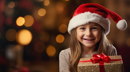 Fototapeta na wymiar Happy caucasian child in santa hat holding christmas present
