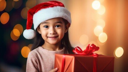 Fototapeta na wymiar Happy asian child in santa hat holding christmas present