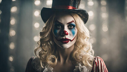 Photography of an ultra realistic Evil woman clown in dramatic ight fog