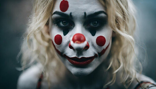 Photography of an ultra realistic woman joker in dramatic ight fog