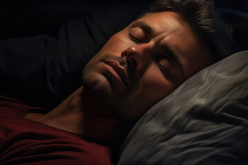 Close-up of a man is sleeping face in a darkened bedroom