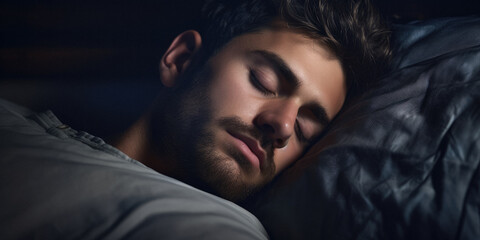 Naklejka premium Close-up of a man is sleeping face in a darkened bedroom