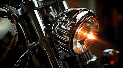 Tuinposter A symphony of light and luxury in a close-up view of a high-end bike's headlights © ra0