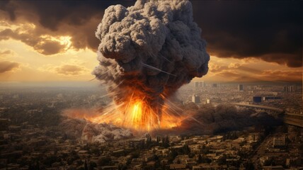 Nuclear explosion on the background of the city. Nuclear explosion of atomic bomb in a nuclear war. Smoke and explosion in the shape of a mushroom. Apocalypse. Catastrophe.