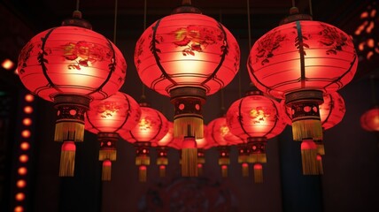 Chinese red lanterns. Chinese festive decorations. Traditional asian new year red lamps. Dark style.