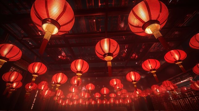 Chinese red lanterns. Chinese festive decorations. Traditional asian new year red lamps. Lanterns hang from the ceiling.