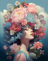 Portrait of a woman with a huge bouquet of flowers on her head. Surreal, dreamlike art style