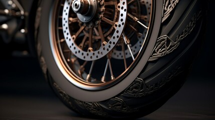 Showcase the high-resolution texture of a luxury motorcycle's tire, capturing its rich, tactile quality - obrazy, fototapety, plakaty