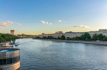 View of the Moscow river embakment near Gorky park at sunset. Moscow, Russia