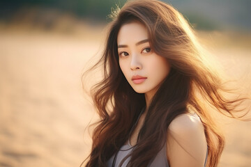 Naklejka premium Portrait of A beautiful Young asian woman with long curly hair on the sun light background. Nature background. Korean woman.