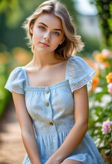 Naklejka premium cute young fashion model, smiling. in a garden, summer dress, generative ai