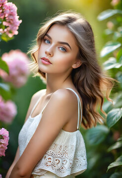 cute young fashion model, smiling. in a garden, summer dress, generative ai