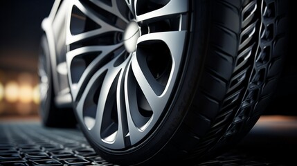 The tire of a high-end car, with its fine texture and modern design, captured in stunning detail