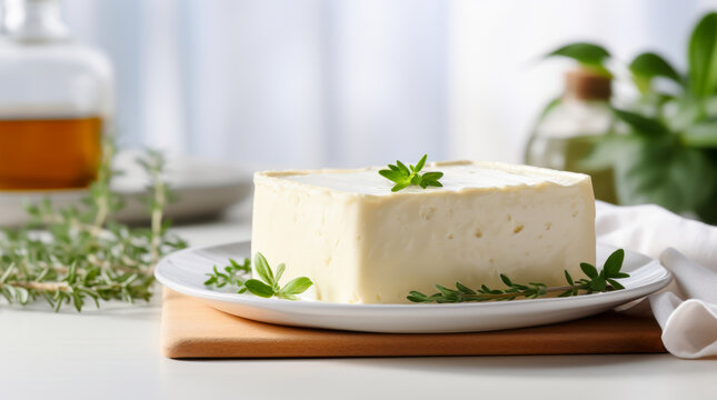 Homemade cheese cube on white plate. Horizontal, side view.