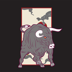 bulls illustration design for sukajan is mean japan traditional cloth or t-shirt
