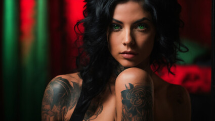 white woman black hair, green eyes, tattoos, back with red underwear, backlit black background, cinematographic	
