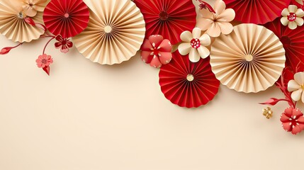 Fototapeta na wymiar Red and gold paper fan Chinese decoration background for lunar new year concept
