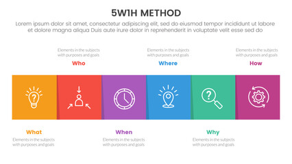 5W1H problem solving method infographic 6 point stage template with square box on horizontal direction for slide presentation