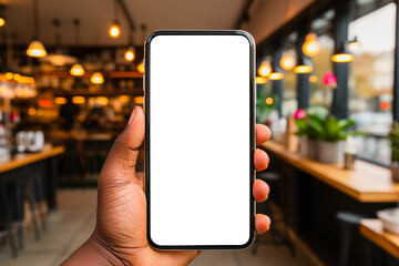 Mockup of Smartphone with White Screen in Male Hands in Cozy Coffee Shop or Boutique: Ideal for Promotion or App Advertising