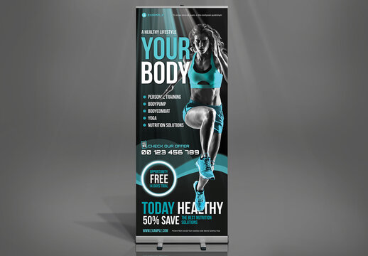 Modern Femine Sport Gym Roll-up Banner in Dark Colors and Cyan Blue Highlights