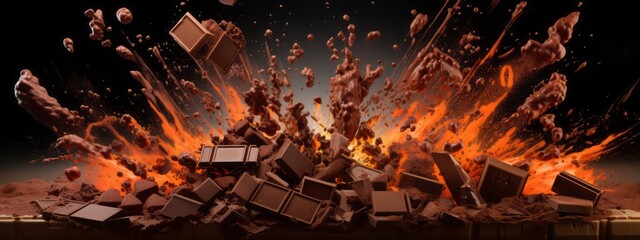 Chocolate bar piece explosion chunk candy broken isolated milk cocoa fly white background. Break bar chocolate fall air food chip snack dark piece dessert black ingredient burst parts cacao sweet.
